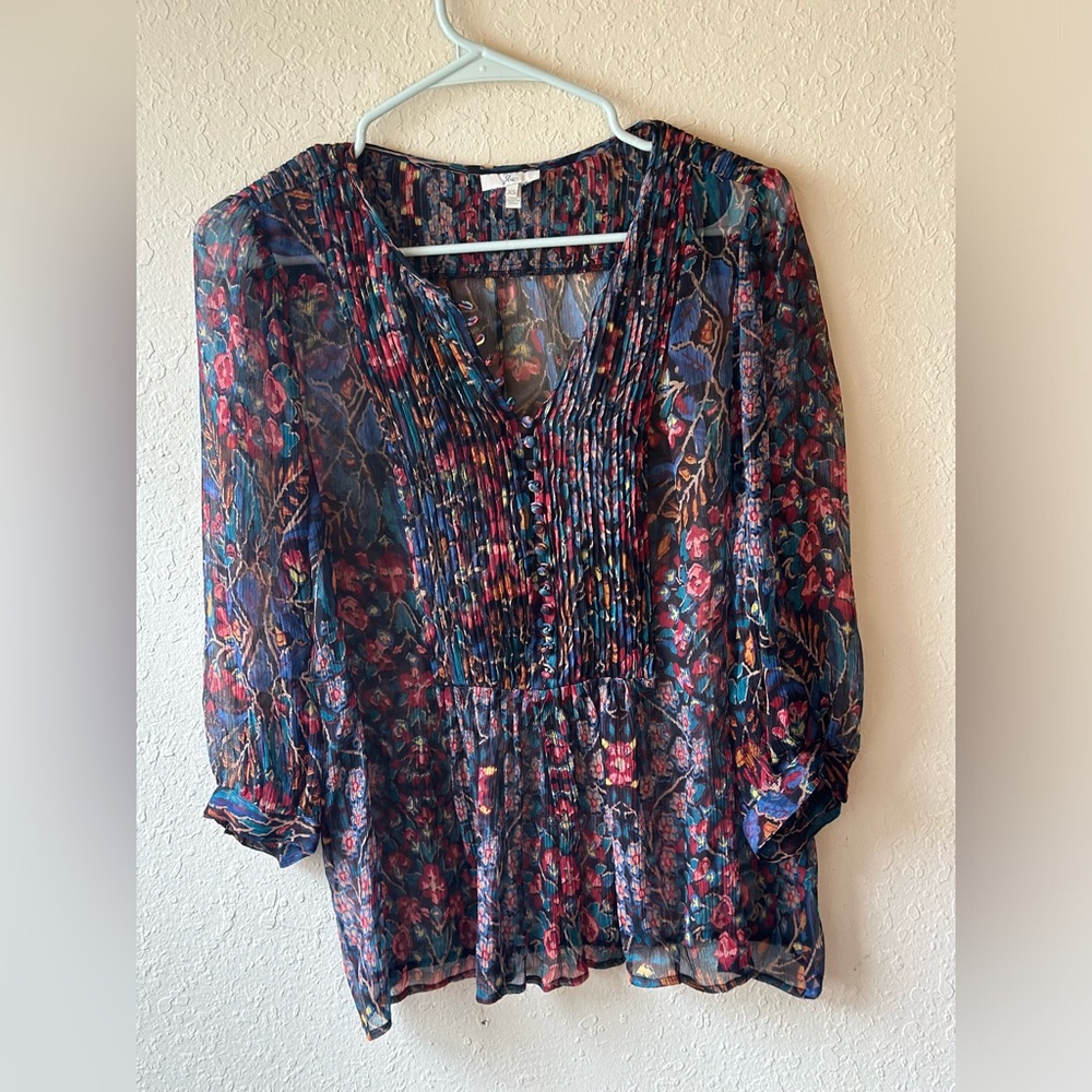 Joie Blue Blouse XS  Long Sleeve Paisley Pullover Ruffled